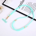 Detail of mint green braided nylon phone lanyard with gold metal hooks and T-plate card - Crossbody Chain / Lake Green