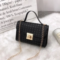 Elegant black quilted pattern small crossbody bag with gold chain strap and metal lock - Black Grid