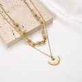 Double-layered gold titanium necklace with U-link chain and sunburst fan pendant - Gold Blue Agate (U-Link Chain + Fan Pendant)