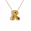 Chunky 18k gold plated bubble letter R necklace with a small green heart gemstone - Letter R