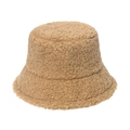 Thick warm camel teddy fleece bucket hat for winter casual wear on white background - Camel