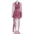 Vorderansicht von Neckholder-Top mit Leoparden- und Blumenmuster und Rüschenrock auf Puppe - XS / Rosa