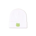 Detailed close-up of a white knitted beanie featuring a cute green frog star embroidery - M (56-58cm) / White