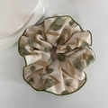 French style silk scrunchie with beige floral print and green ribbon edge - 15# Green Tulip