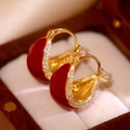 Eleganti orecchini a cerchio in smalto rosso con zirconi intarsiati e perni in argento s925 - Fibbia per Orecchio a Cesto a Forma di U in Smalto e Strass