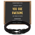 Black braided leather bracelet with infinity clasp and Love you forever engraving in a gift box - You Are Awesome + Engraving Love You Forever