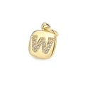 Macro shot of gold square pendant with zircon letter W inlay and metal loop - Letter W