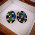 Vintage oval enamel earrings in deep blue and emerald green with gold floral accents - Green Oval Flower (22#)