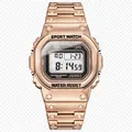 Square digital sports watch in rose gold finish with metal strap and LCD display - Rose Gold