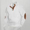 Herrenstrickpullover in Weiß mit braunem Stehkragenknöpfen und Ellenbogen-Patches - S / Weiß