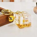 Golden lucky cat liquid glitter keychain with square acrylic cube and bell pendant - Lucky Cat (Gold)