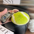 Fluorescent green faux fur tennis ball keychain charm with golden metal ring detail - Round Buckle / Green