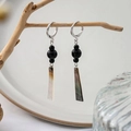 Chinese style silver hoop earrings with black beads and marble textured long pendant - Ear Buckle H2852