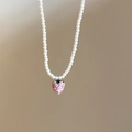 Sparkling strawberry pendant necklace with pink rhinestones and white imitation pearls - White Pink Strawberry (31#)