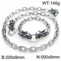 Silver stainless steel jewelry set featuring a dragon head clasp and rectangular link chain - Dragon Head Set (KS217063-Z)