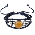 Bracelet tressé multi-rangs en cuir noir avec une perle centrale en pierre naturelle jaune - Jade Jaune