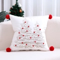 White Christmas pillow cover with embroidered trees and red pom-poms on soft velvet - 18 Red Pompom Christmas Tree/White