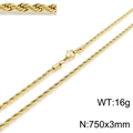 3mm wide golden twisted rope chain necklace in durable stainless steel with lobster clasp - 3mm x 75cm