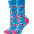 Detail showing blue cotton socks with pink heel and vibrant watermelon slice pattern - Blue Watermelon