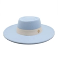 Light blue flat top wool felt fedora hat with wide brim and white ribbon band - M (56-58cm) / Sky Blue