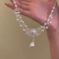 French palace style double-layer necklace with white pearls and a teardrop pendant - 3# Silver Double Layer Pearl Style