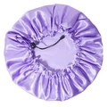 Adjustable purple satin shower cap with waterproof PEVA lining and elastic drawstring - Purple