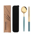 Golden stainless steel spoon and chopsticks set with matte green handles in a black travel case - Peacock Green Gold Spoon Chopsticks 2-Piece Set - Black Box