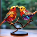Pair of colorful stained glass birds on a metal branch with a stable round black base - 2 Birds Ornament / Acrylic