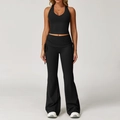 Women's black yoga set featuring a halter V-neck crop top and high-waist flared pants - S / Top And Bottom / Premium Black