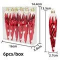 Set of 6 red spiral icicle Christmas tree ornaments with white glitter accents - Red