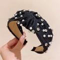 Denim blue knotted headband featuring white pearls and sparkling rhinestones for women - Black