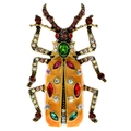 Vintage beetle brooch with gold finish, orange enamel, and colorful sparkling rhinestones - Colorful Orange