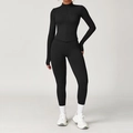 Damen Yoga-Set in Schwarz mit figurbetonter Jacke und hoch taillierter Sport-Leggings - S / Jacke + Hose / Premium Schwarz
