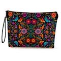 Portable makeup bag with colorful Otomi pattern and bird embroidery on black background - Otomi Bird and Flower Print (Style 3)