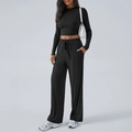 Yoga-set met zwarte crop top met lange mouwen en wijde broek met trekkoord voor - S / Zwart