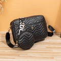 Chic black V-quilted crossbody bag with a round coin purse and stylish lettered strap - Black