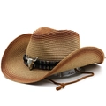 Western straw cowboy hat with ethnic geometric band and vintage metal bull skull ornament - M (56-58cm) / Khaki Rust Red
