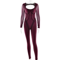 Detail van bordeauxrode yoga jumpsuit met zwarte bies en transparante mouwen - S / Rood