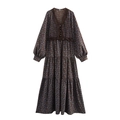 French floral chiffon maxi dress with long sleeves and layered tiered skirt in dark brown - XS / Dark Brown