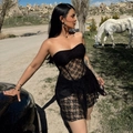 Robe courte bustier en dentelle noire transparente avec motifs floraux pour l'été - S / Noir