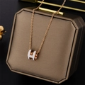Rose gold H-shaped pendant necklace with white enamel inlay on a vintage jewelry box - Pop H Style (8803) / Rose Gold with White