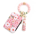 Rosa geblümter Lederkartenhalter-Schlüsselanhänger mit Silikonperlen-Armband - Hellrosa