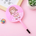 Pink cartoon fan pen featuring cute girl illustration on a round plastic folding fan - Vitality Girl Pink