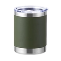 Close-up of stainless steel tumbler featuring green silicone sleeve and clear lid - 10oz / Matte Army Green