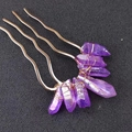 Handmade purple crystal hair comb with natural stones and golden wire wrapping - Purple Crystal + Gold Comb