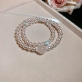 Pink double-layer pearl bracelet with sparkling zircon charms and a large center bead - 33# Bracelet-Pink-Purple