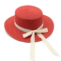 Red straw boater hat for women with elegant cream lace bow ribbon and flat top design - M (56-58cm) / Red