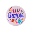 Detail of Feliz Cumpleaños tinplate badge with colorful birthday stars and party icons - Style 5 (Pink/Gifts)