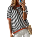 Women's short sleeve knit sweater with black stripes and orange ribbed trim on white background - S / Black and White with Orange Trim
