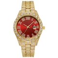 Iced-out gold hip hop watch featuring a red Roman numeral dial and luxury crystal bezel - Gold Red